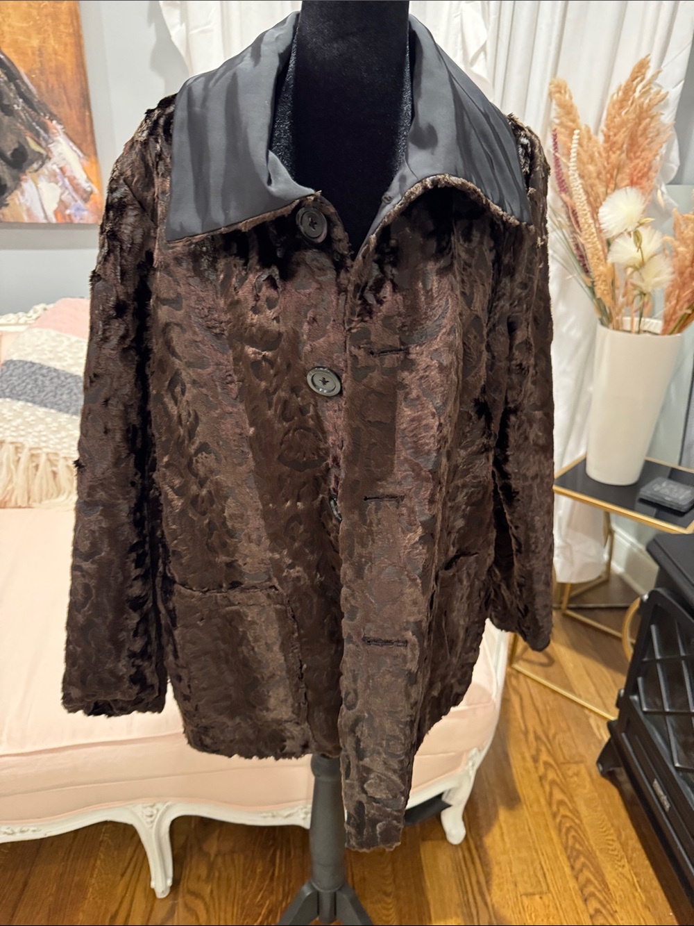 Women's Brown Faux Fur Textured Jacket with Contrast Collar REVERSIBLE
